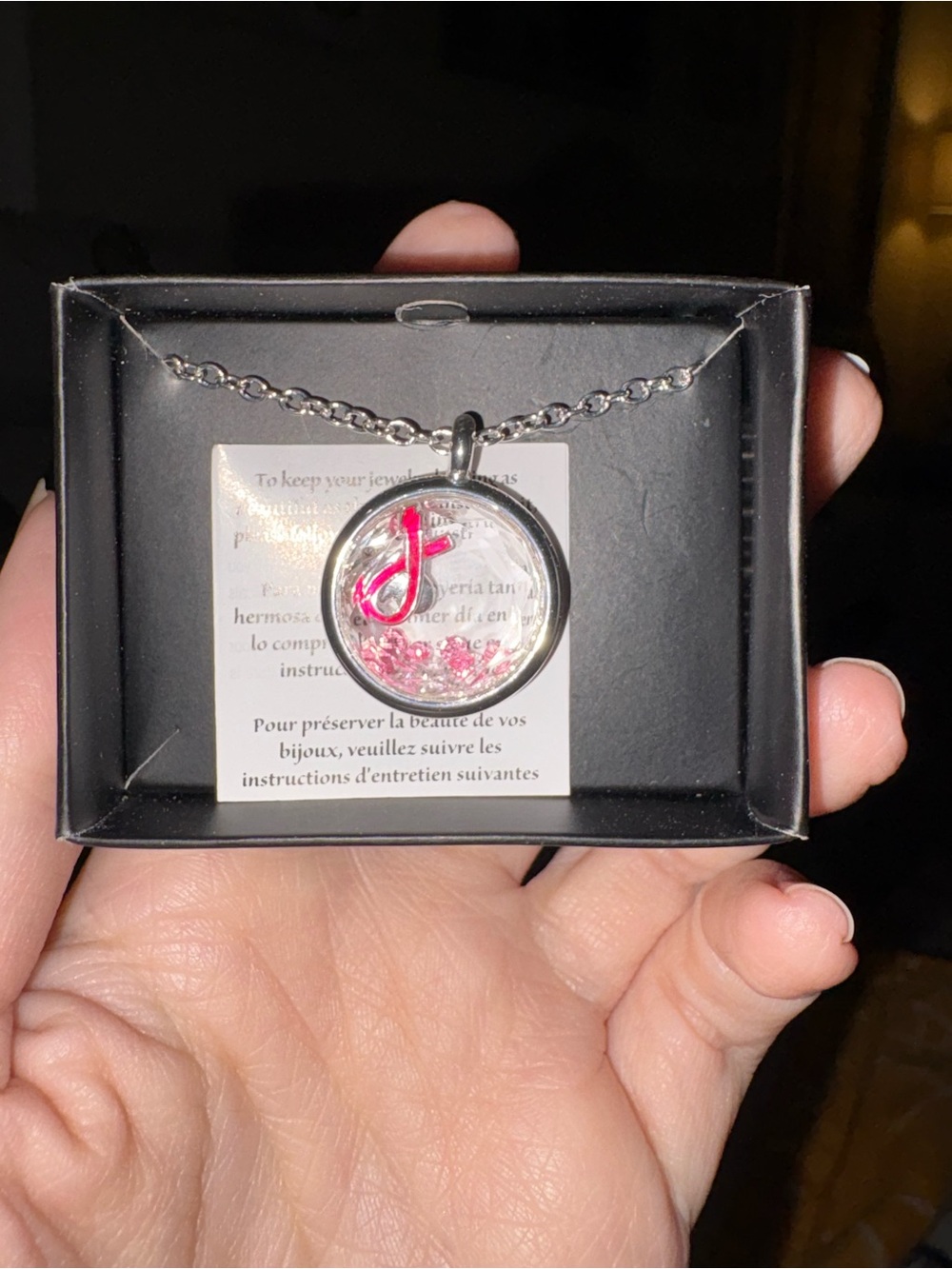 Breast Cancer Necklace with Pink Ribbon Accent